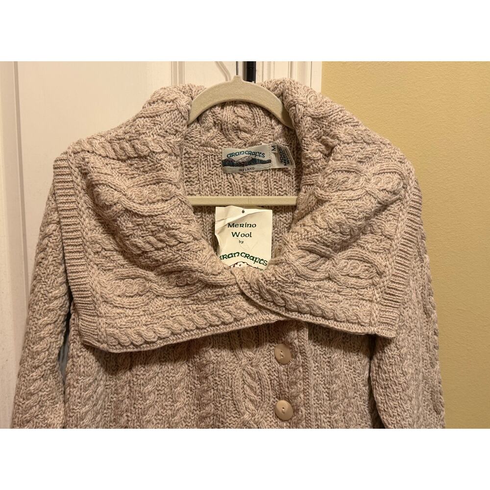 Aran Crafts Ireland Merino Wool Cable Knit Sweater Coat Cardigan Women Cream M - Picture 3 of 13